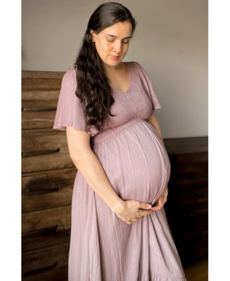 Maternity Ivory Smocked V-Neck Midi Dress