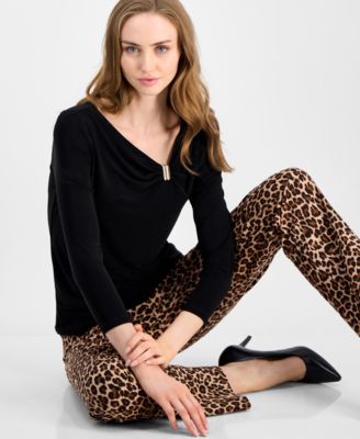 Petite Embellished-Neck 3/4-Sleeve Knit Top