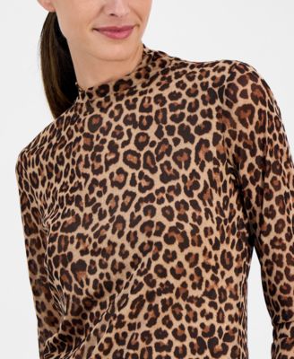 Women's Animal Print Mesh Mock Neck Long-Sleeve Top