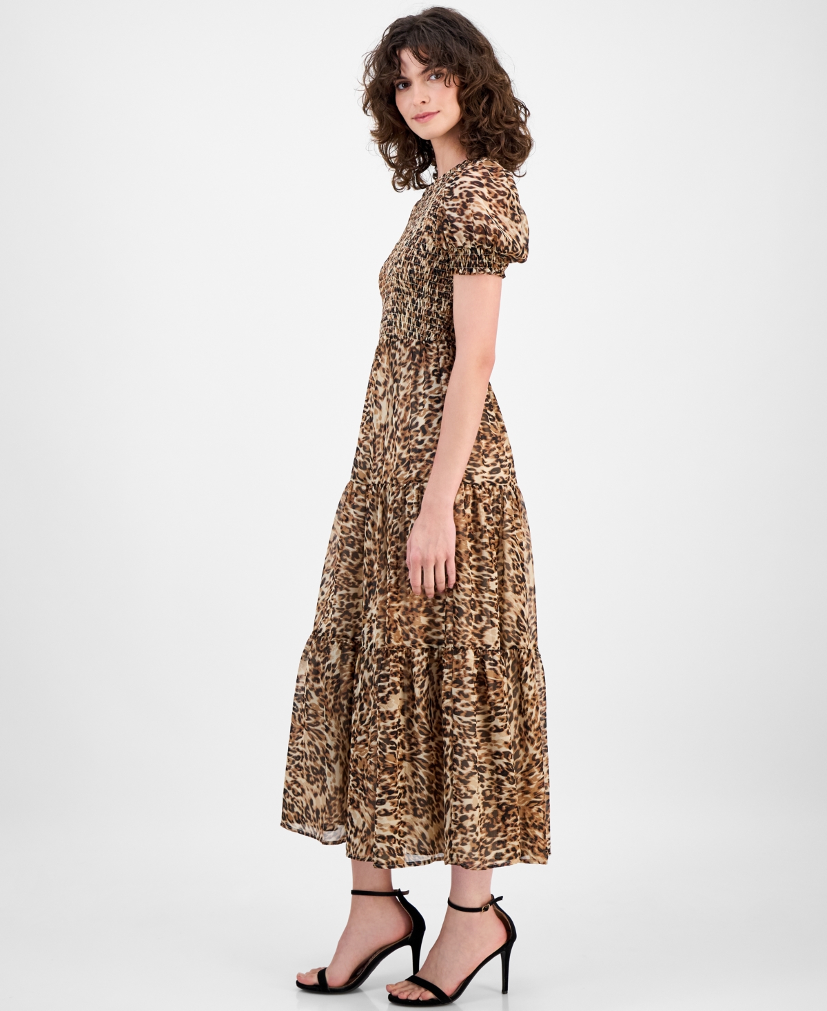 Anne Klein Womens Printed Smocked Puff Sleeve Chiffon Tiered Maxi Dress P Xxs Xxl In Animal Print
