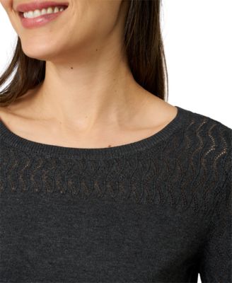 Petite Pointelle-Yoke 3/4-Sleeve Sweater