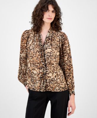 Anne Klein Womens Printed Pleated Sleeve Button Front Top P Xxs Xxl In Brown