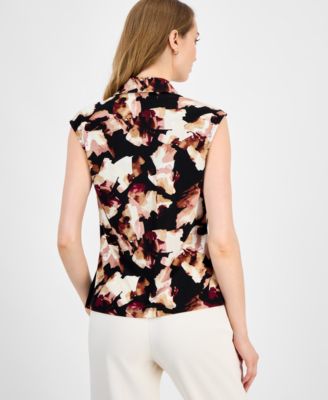 Petite Printed Extended-Shoulder Cowlneck Blouse