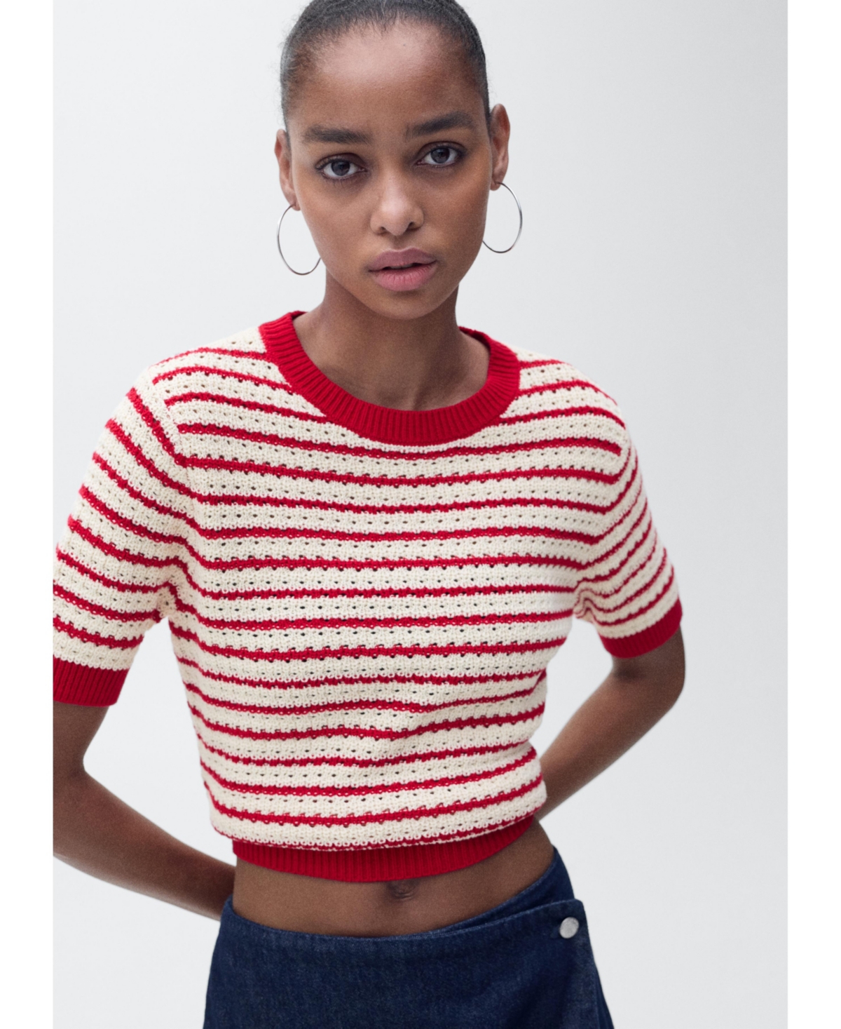 Women's Striped Short Sleeve Crochet Sweater - Red