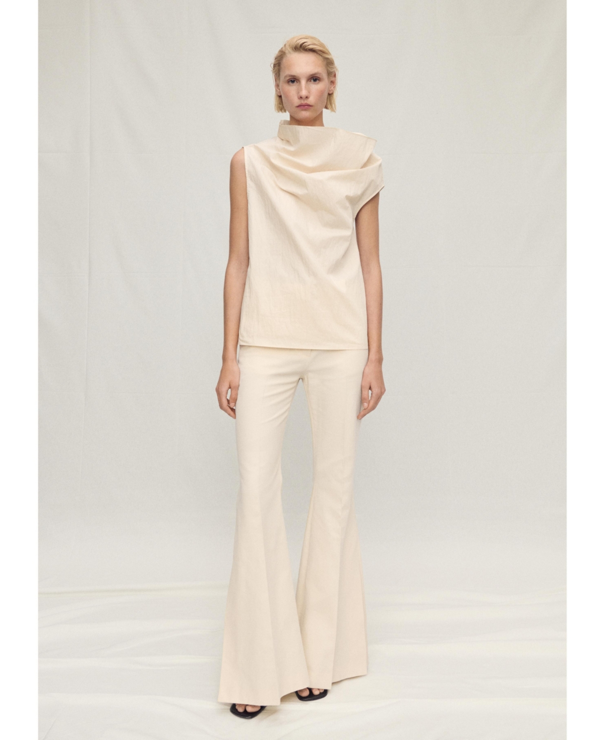 Women's Asymmetrical Collar Cotton Blouse - Ecru