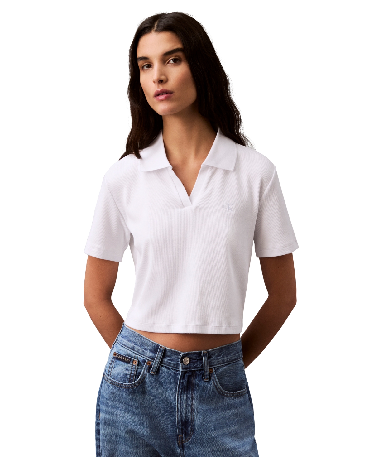 Calvin Klein Jeans Est.1978 Women's Ribbed Monogram-logo Polo Top