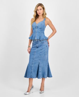 GUESS Women's Anika Denim Peplum Top & Lia Denim Midi Skirt - Macy's