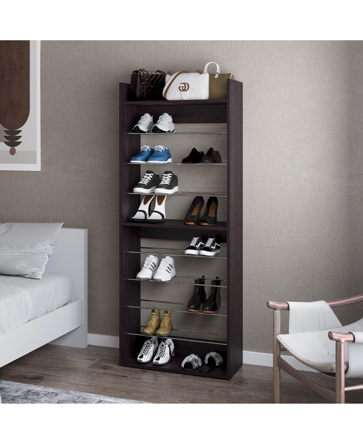 Oak Springs Tall Open Shoe Rack with Metal Rails and Multi-Tier Shelves, Wengue - Wengue