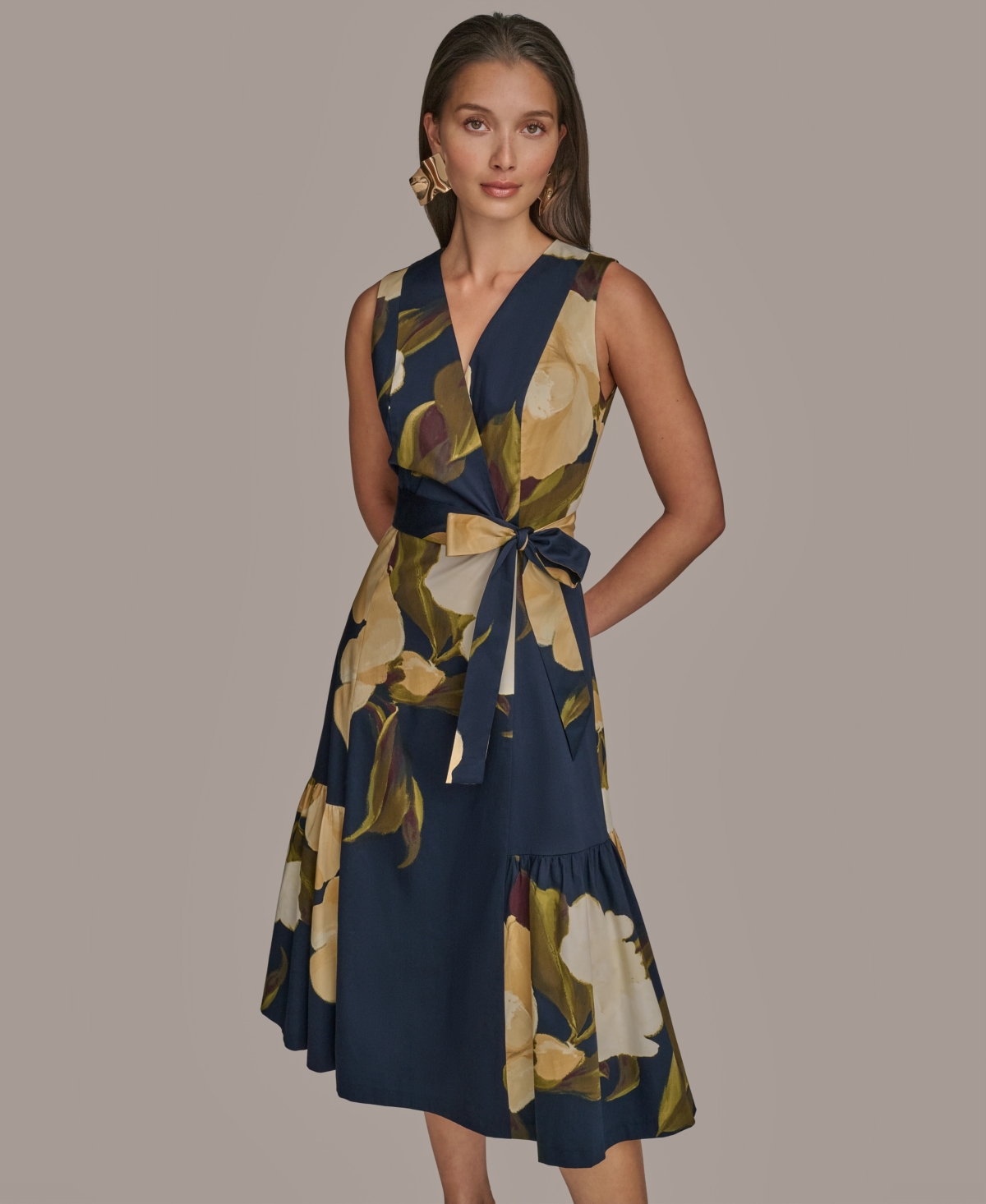 Donna Karan Sleeveless Faux Wrap Midi Dress