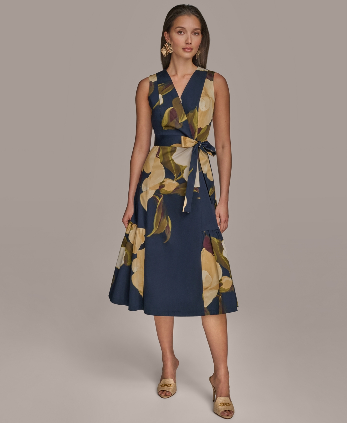 Donna Karan Sleeveless Faux Wrap Midi Dress