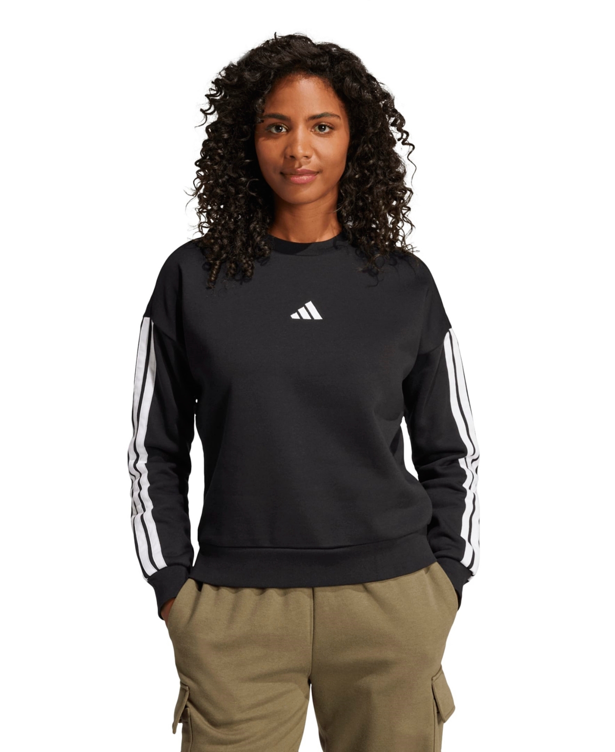 Women's Essentials 3-Stripes Fleece Crew Neck Sweatshirt - Black/White