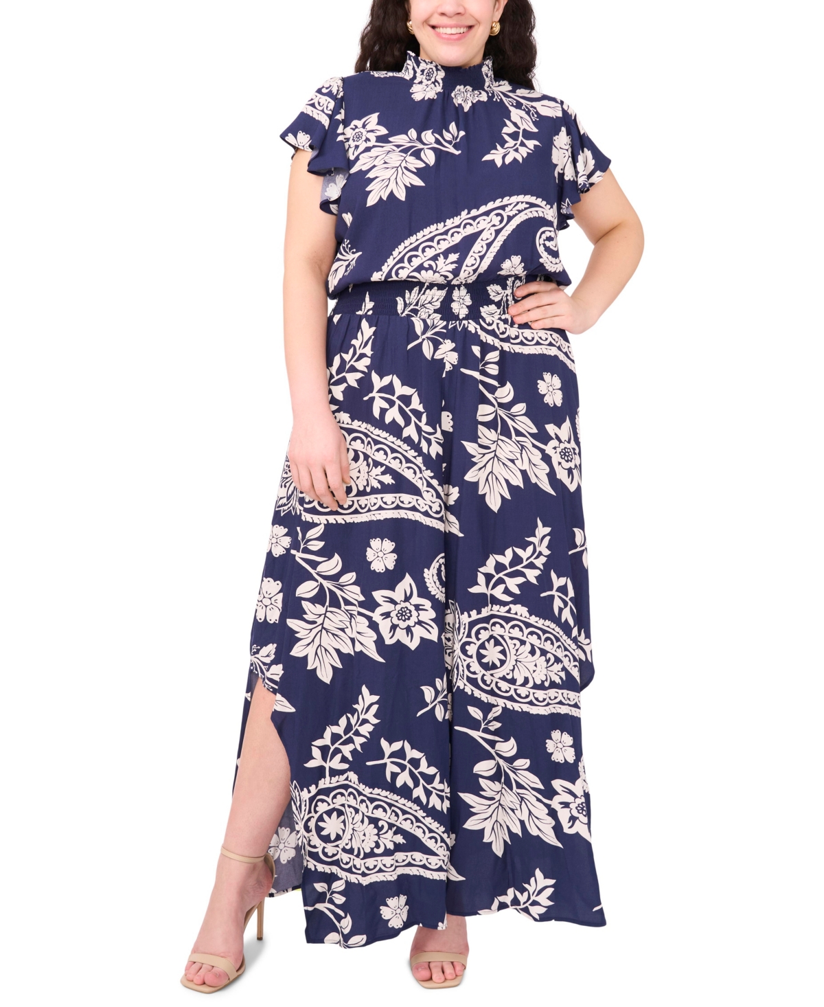 Plus Size Printed Mock-Neck Short-Sleeve Jumpsuit - New Ivory