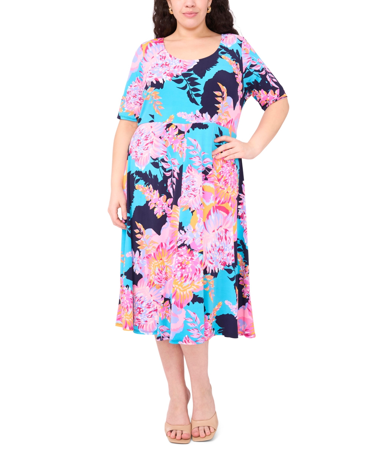 Plus Size Printed Jersey Scoop-Neck Midi Dress - Aqua Navy