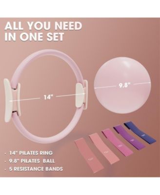 Pilates Ring Set – 14” Magic Circle (38lbs), 5 Resistance Bands & 9.8” Ball