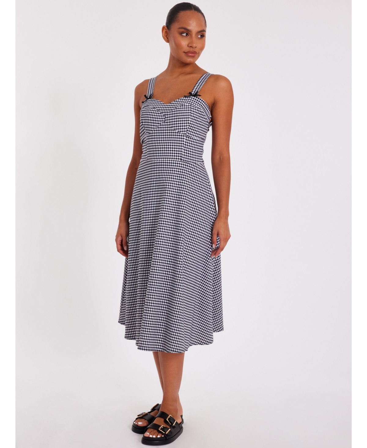 Women's Gingham Strappy Midi Dress - Black
