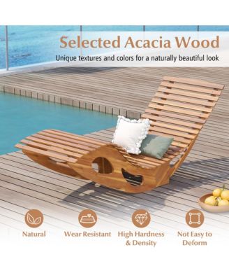 2PCS Outdoor Chaise Lounge w/ High Back Slatted Seat Stopper Outside Wood Rocker