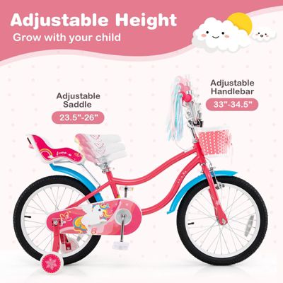 Kids Girls Bike with Doll Seat and Training Wheels for Easy Riding
