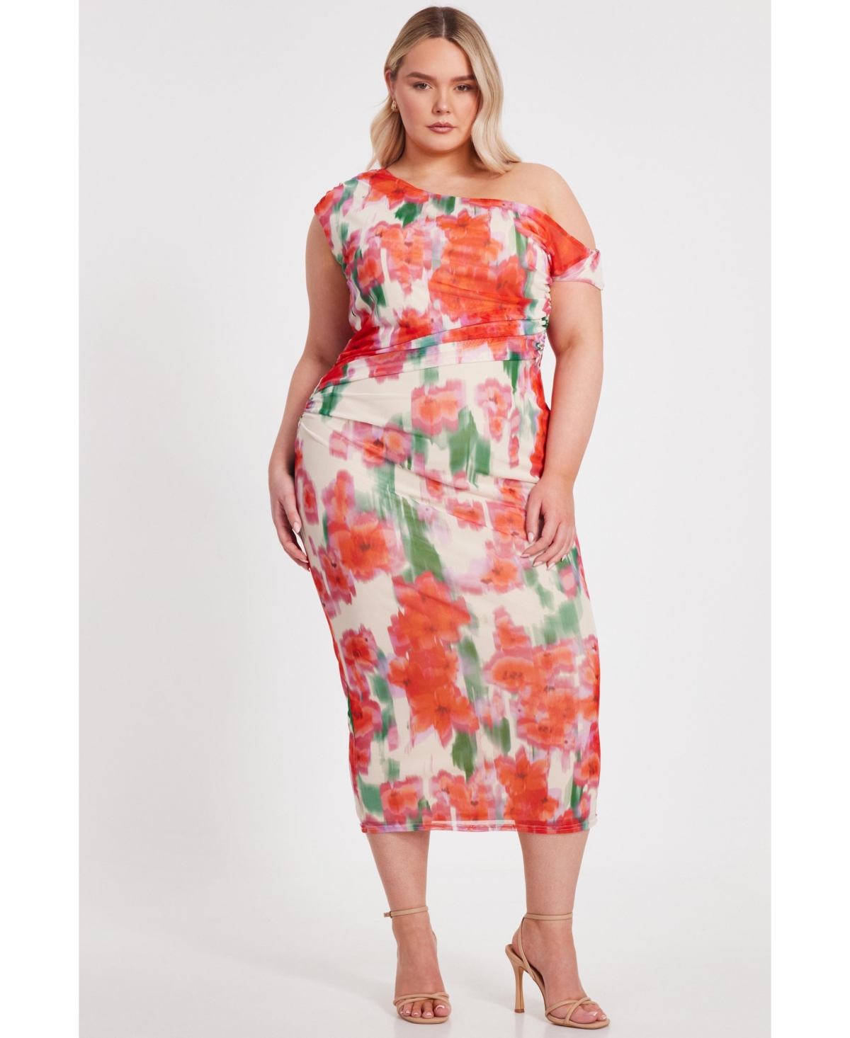 Plus Size One Shoulder Mesh Maxi Dress - Multi