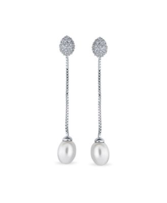 Simple CZ White Freshwater Cultured Pearl Linear Chain Dangling Earrings Silver Plated Brass