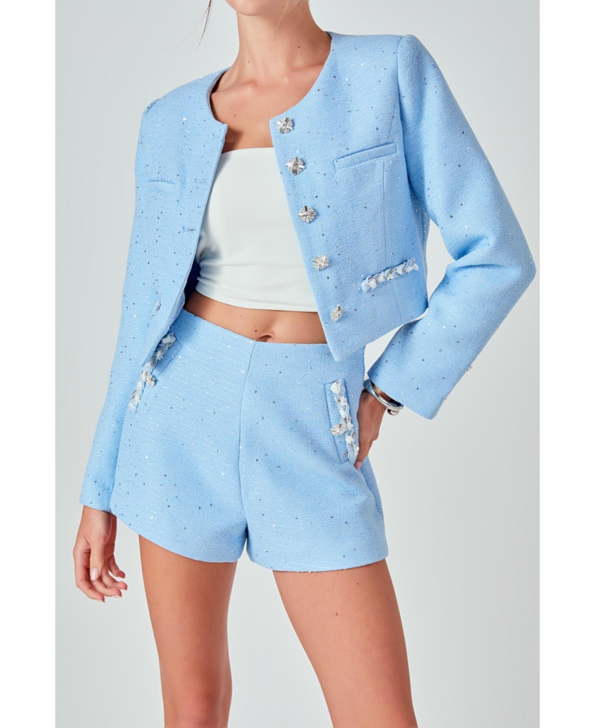 Women's Chain Embellished Tweed Jacket - Blue