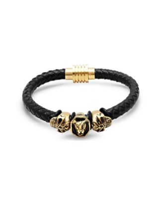 Men’s Lion Head and Skull Accents Black Leather Braided Bracelet