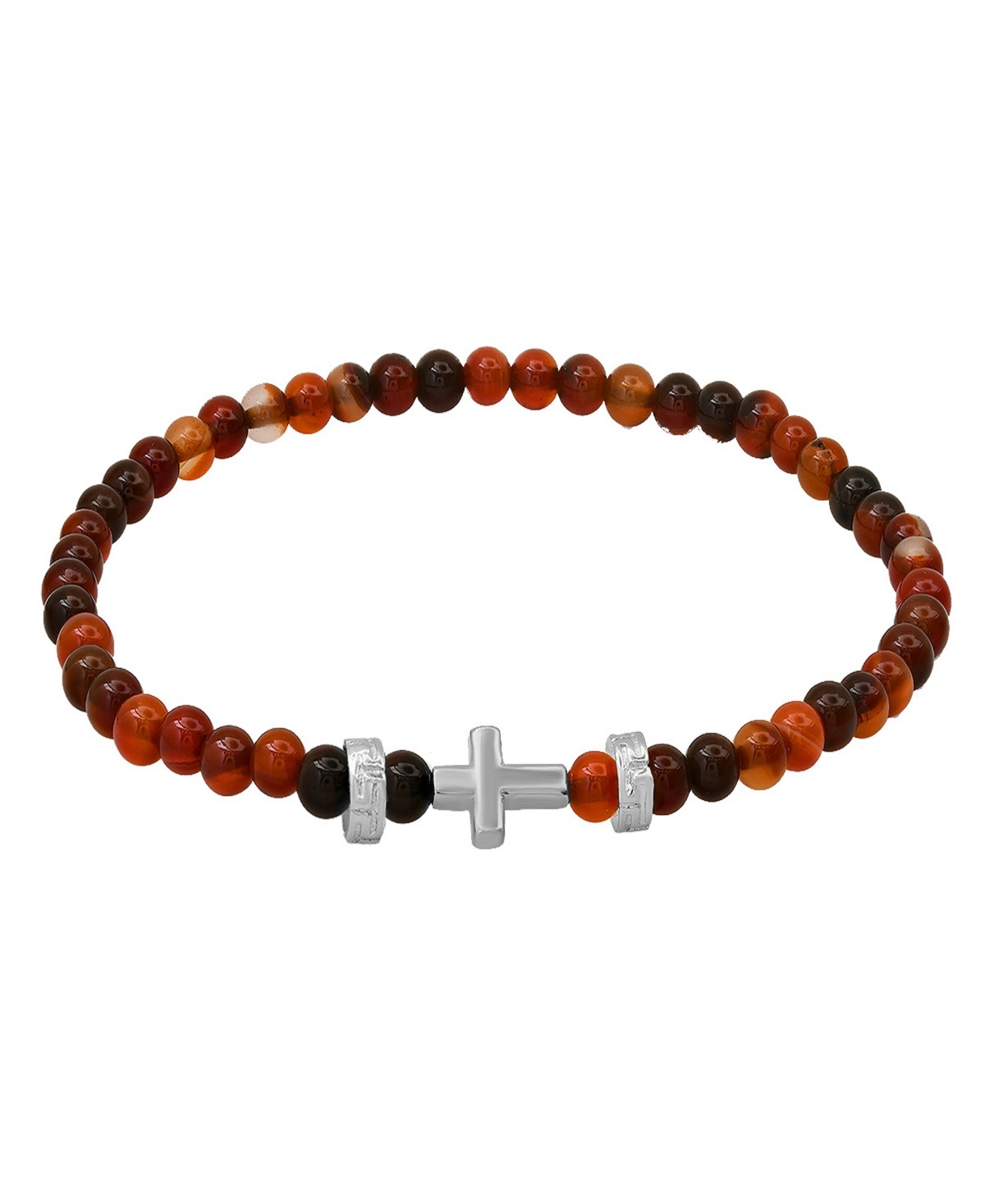 Men's Sterling Silver Cross and Red Tiger Eye Beaded Stretch Bracelet - Red