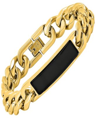 Men's 18K Gold Plated and Stainless Steel with Simulated Onyx ID Cuban Link Bracelet