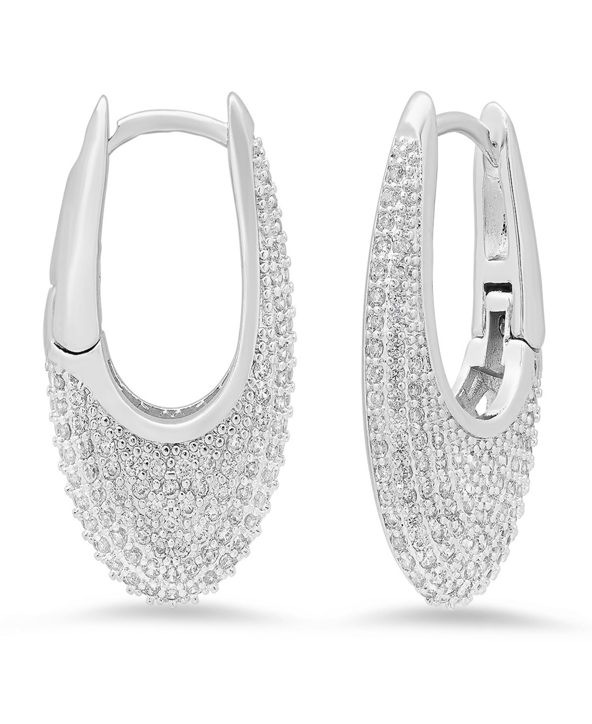Women's 18K White Gold-Plated Brass Simulated Diamonds Oval Huggie Earrings - Silver