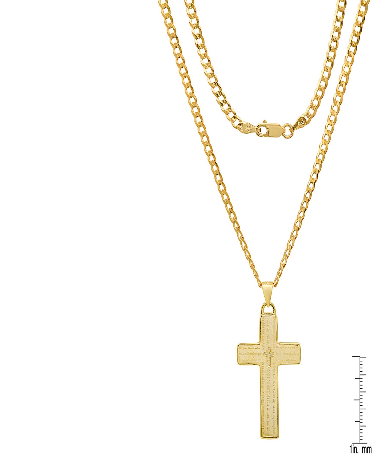 Steeltime Unisex 14k Gold Plated Sterling Silver Cuban Super Flat Chain And Lord's Prayer Cross Pendant