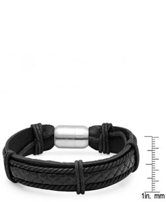 Men’s Genuine Black Leather Bracelet with Stainless Steel Magnetic Clasp