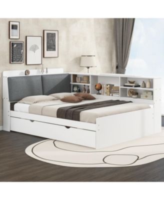 Wood Full Size platform bed with Trundle, Shelves and Storage Headboard