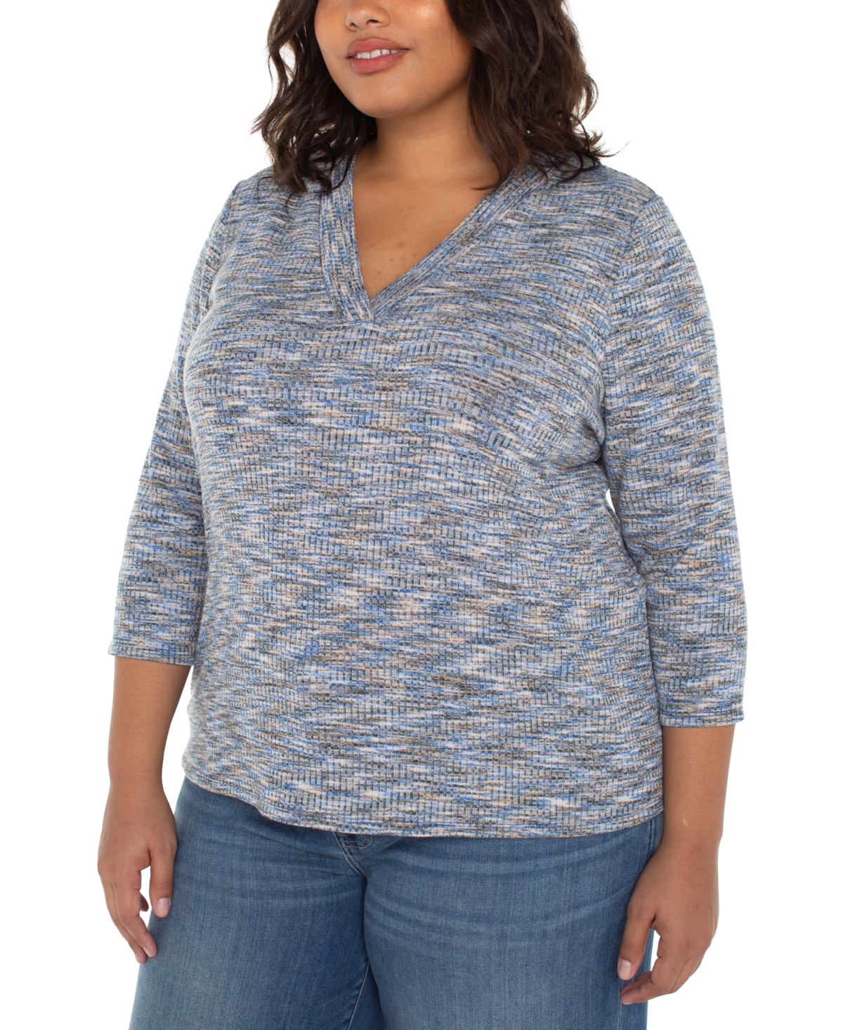 Trendy Plus Size Space-Dyed 3/4-Sleeve Knit T-Shirt - Blue Spacedye