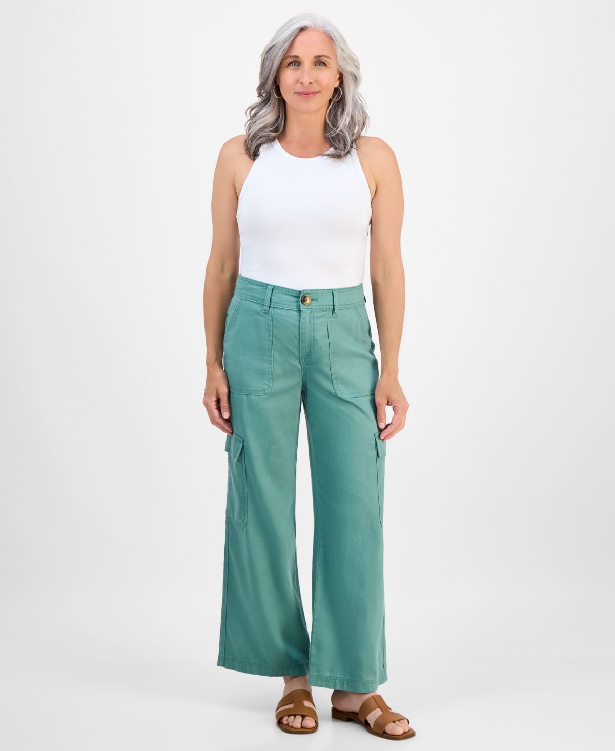 Petite Mid-Rise Wide-Leg Cargo Pants, Exclusively at Macy's - Kendal Green