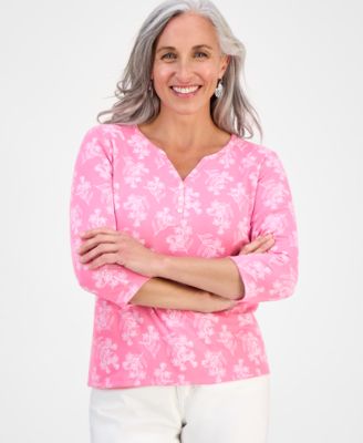 Petite Printed 3/4-Sleeve Henley Knit Top, Exclusively at Macy's