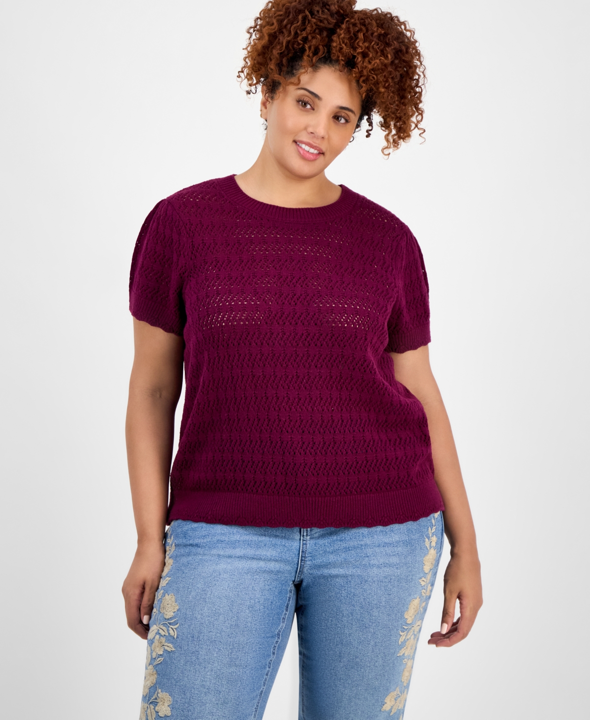 And Now This Trendy Plus Size Crewneck Short-sleeve Sweater, Exclusively At Macy's In Burgundy