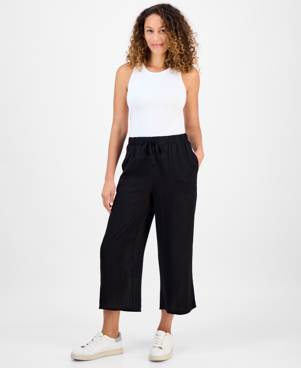 Style & Co Petite Crop Tie-waist Wide-leg Pants, Exclusively At Macy's In Black
