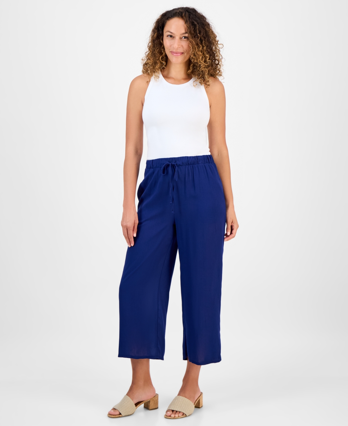 Style & Co Petite Crop Tie-waist Wide-leg Pants, Exclusively At Macy's In Blue