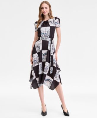 KARL LAGERFELD PARIS - Women's Scarf-Print Handkerchief-Hem Midi Dress