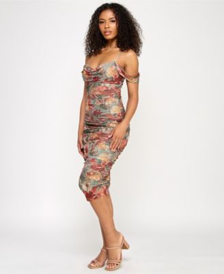 Juniors' Floral Off-Shoulder Ruched Mesh Midi Dress