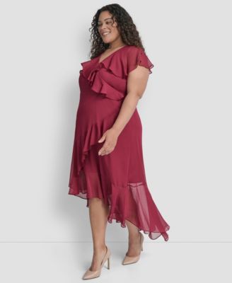 Plus Size V-Neck Ruffled High-Low Hem Dress