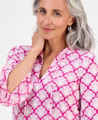 Petite Geometric-Print Split-Neck Top, Exclusively at Macy's 