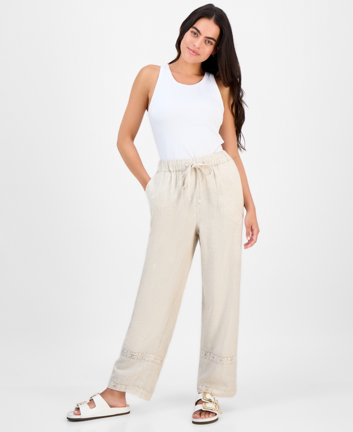 Petite Linen-Blend Lace-Inset Wide-Leg Pants, Exclusively at Macy's - Tan