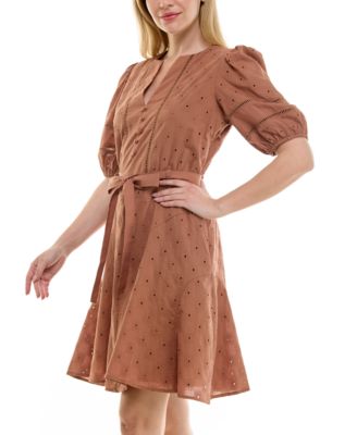 Petite Split-Neck Puff-Sleeve Fit & Flare Dress