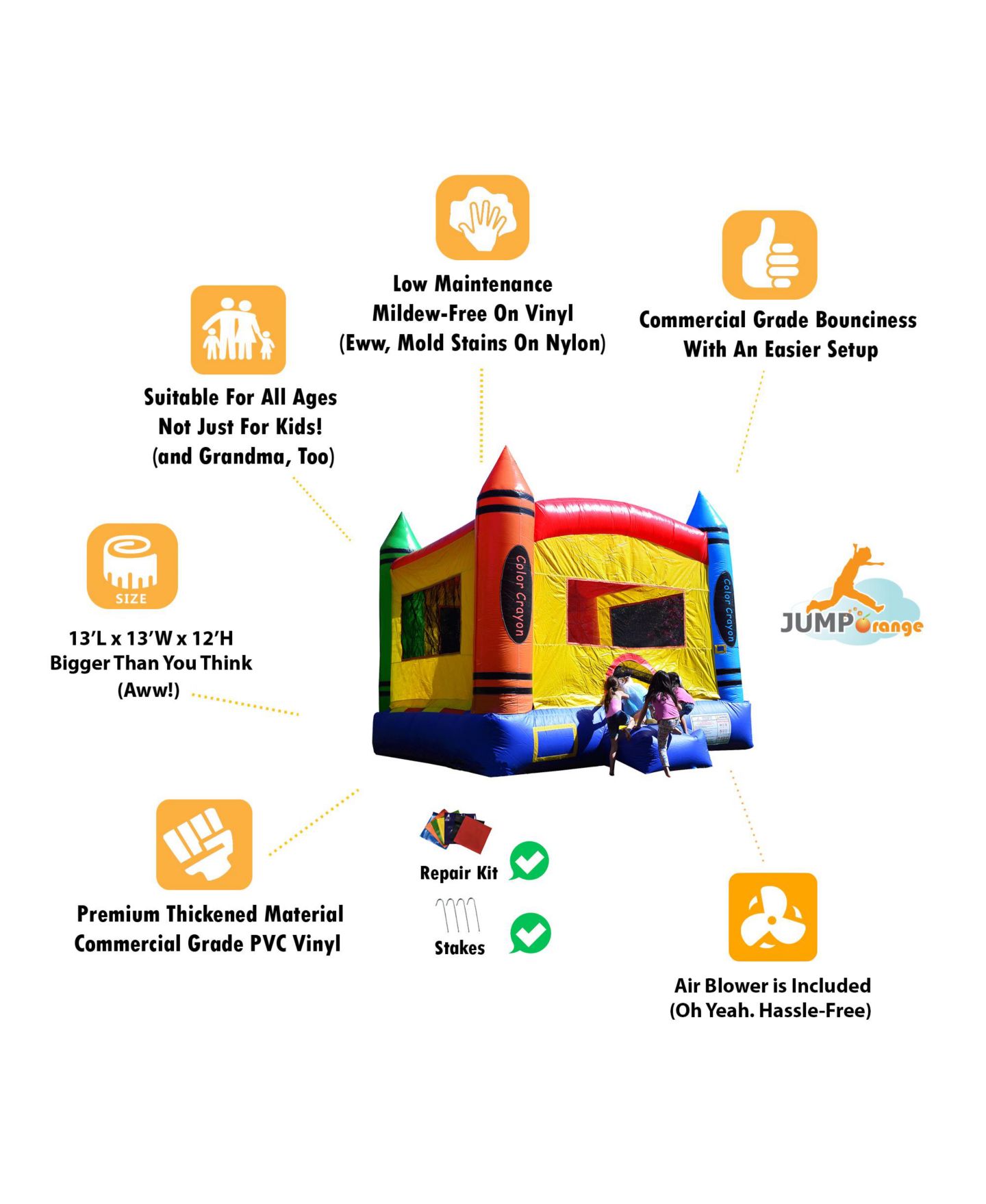 Детская игрушка HERO Kiddo Crayon Inflatable Bounce House Backyard Party Moonwalk Size 13'x13', Commercial Grade PVC Vinyl, for Kids and Adults, Outdoor Indoor, цвет: Красный — фото 8