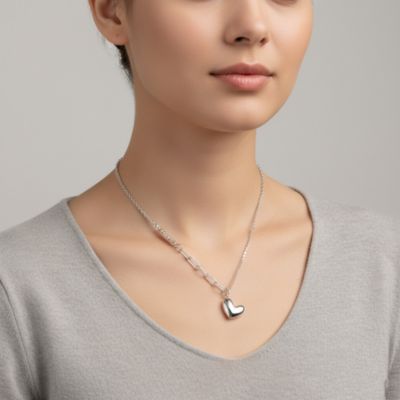 White Gold Plated Sleek Mixed Chain Heart Pendant Necklace
