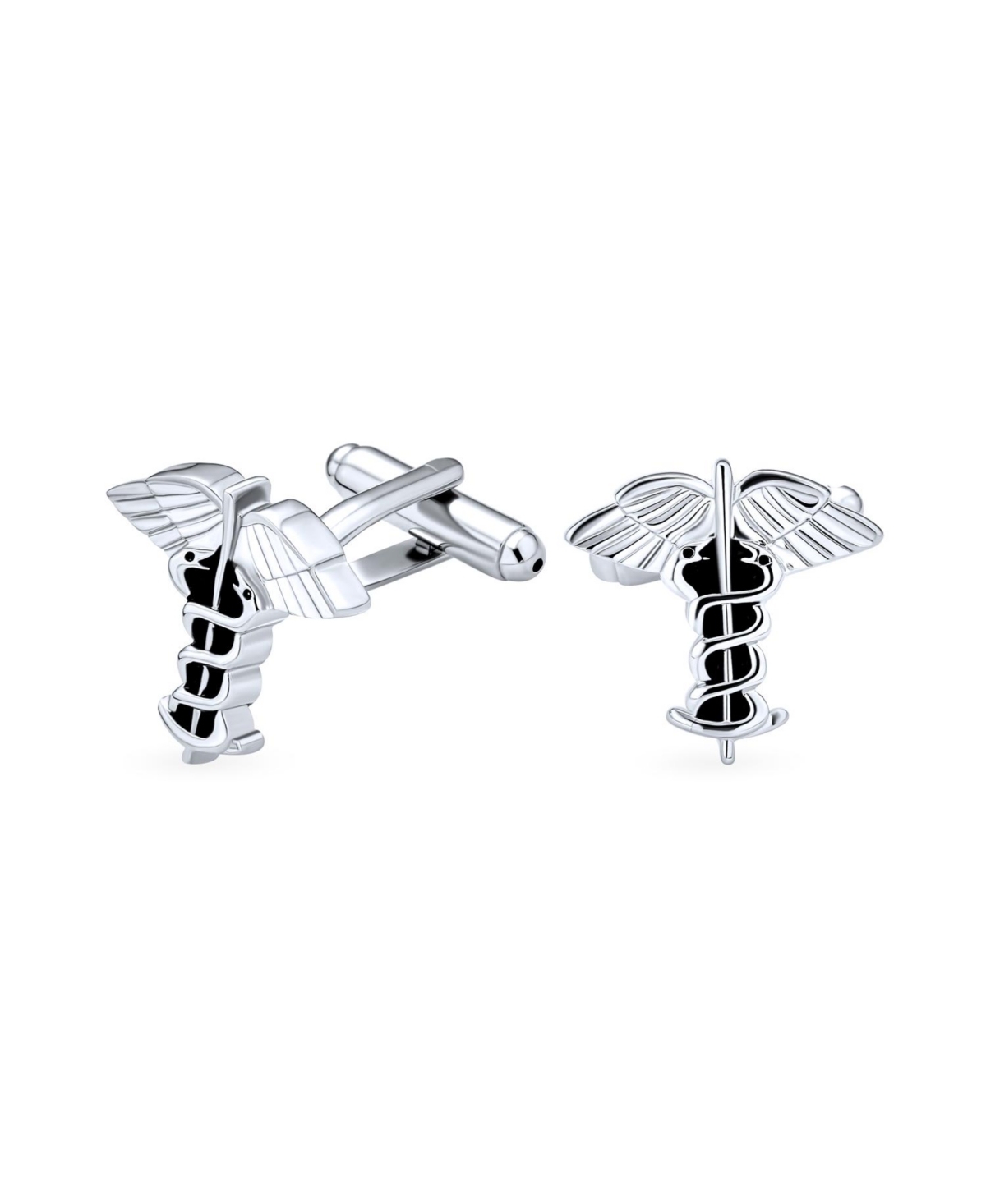 Symbol Medical Insignia Caduceus Shirt Cufflink Silver Tone Gift - Black