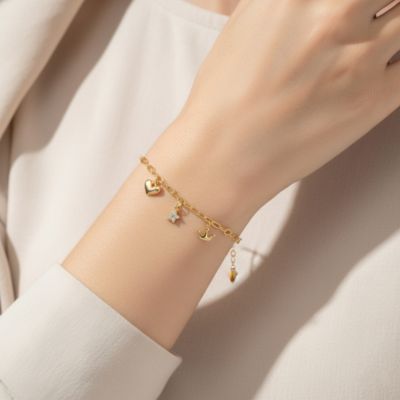 14K Gold Plated with Clear Cubic Zirconia Heart, Star, & Crown Charm Anklet