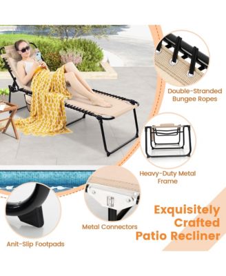 2 PCS Patio Folding Chaise Lounge Portable Lay Flat Reclining Chair w/ 4-Level Backrest Side Pocket