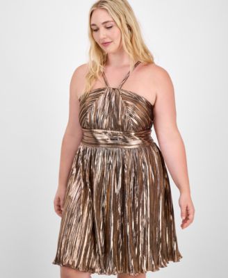 Trendy Plus Size Metallic Foil Pleated Fit & Flare Dress