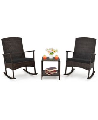 3 Piece Patio Rocking Set Wicker Rocking Chairs with 2-Tier Coffee Table